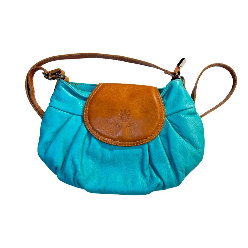 Vintage Italian Leather Turquoise and Brown Crossbody Purse w/ Adjustable Strap